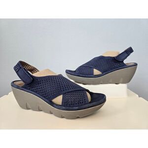 Clarks Artisan Suede Wedge Sandals Size 10 Blue Slingback Peep Toe Comfy